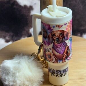 Floral Dachshund Cream Tumbler with Keychain